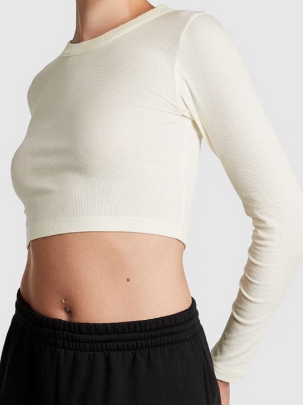 PINK Victoria's Secret Ribbed Long-Sleeve Crop Top in Cream